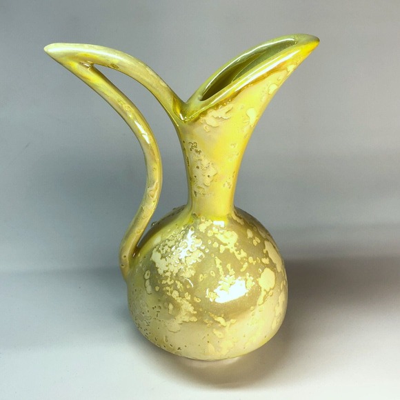 MCM Pottery Vase 7" Green Yellow Luster Weeping Drip Glaze Ewer 50s 60s Pitcher - Picture 2 of 9
